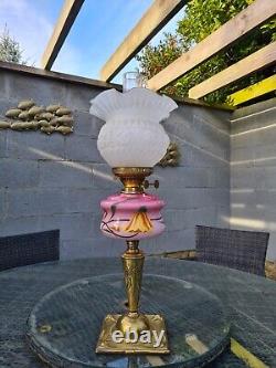 Original English Art Nouveau Victorian Pink Cased Glass Oil Lamp Font Shade