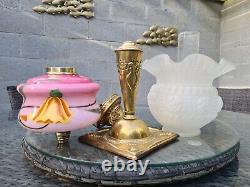 Original English Art Nouveau Victorian Pink Cased Glass Oil Lamp Font Shade