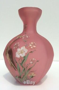 Outstanding Mont Joye Moser Webb Satin Art Glass Pink Hand Painted Enameled Vase