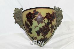 PAIR French GALLE Style Art Nouveau Red Rose Cameo Glass Bronze Wall Sconce
