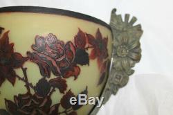 PAIR French GALLE Style Art Nouveau Red Rose Cameo Glass Bronze Wall Sconce