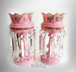 PAIR large pink cased glass mantel lusters with heavy clear prisms