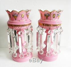 PAIR large pink cased glass mantel lusters with heavy clear prisms