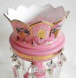 PAIR large pink cased glass mantel lusters with heavy clear prisms