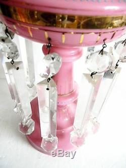PAIR large pink cased glass mantel lusters with heavy clear prisms
