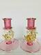 Pair 1950s Murano Glass Candlesticks Pink with Gold Fleck Figural Leaping Fish