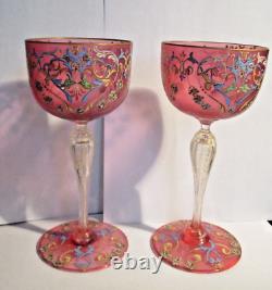 Pair 2 Salviati Venetian Art Glass Pink Hand Painted Enamel Decoration Goblets