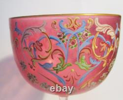 Pair 2 Salviati Venetian Art Glass Pink Hand Painted Enamel Decoration Goblets