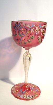 Pair 2 Salviati Venetian Art Glass Pink Hand Painted Enamel Decoration Goblets