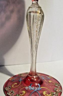 Pair 2 Salviati Venetian Art Glass Pink Hand Painted Enamel Decoration Goblets