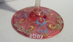 Pair 2 Salviati Venetian Art Glass Pink Hand Painted Enamel Decoration Goblets