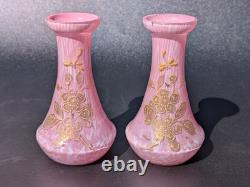 Pair Antique 19thC Victorian Pink Cased Spatter Glass Vases Enameled Dragonfly