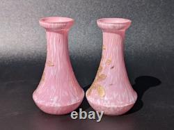 Pair Antique 19thC Victorian Pink Cased Spatter Glass Vases Enameled Dragonfly