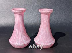 Pair Antique 19thC Victorian Pink Cased Spatter Glass Vases Enameled Dragonfly