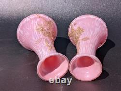 Pair Antique 19thC Victorian Pink Cased Spatter Glass Vases Enameled Dragonfly