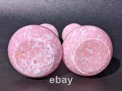 Pair Antique 19thC Victorian Pink Cased Spatter Glass Vases Enameled Dragonfly