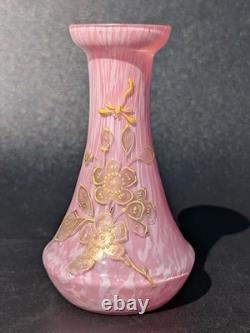 Pair Antique 19thC Victorian Pink Cased Spatter Glass Vases Enameled Dragonfly
