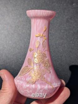 Pair Antique 19thC Victorian Pink Cased Spatter Glass Vases Enameled Dragonfly