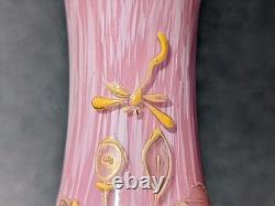 Pair Antique 19thC Victorian Pink Cased Spatter Glass Vases Enameled Dragonfly