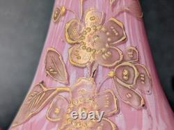 Pair Antique 19thC Victorian Pink Cased Spatter Glass Vases Enameled Dragonfly
