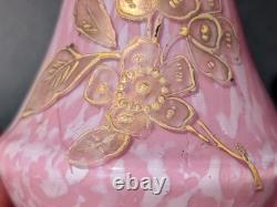 Pair Antique 19thC Victorian Pink Cased Spatter Glass Vases Enameled Dragonfly