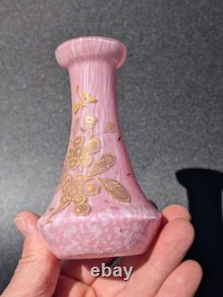 Pair Antique 19thC Victorian Pink Cased Spatter Glass Vases Enameled Dragonfly