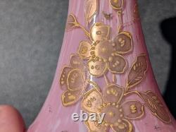 Pair Antique 19thC Victorian Pink Cased Spatter Glass Vases Enameled Dragonfly