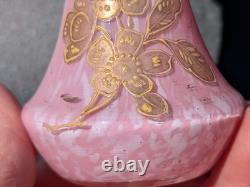 Pair Antique 19thC Victorian Pink Cased Spatter Glass Vases Enameled Dragonfly