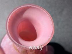 Pair Antique 19thC Victorian Pink Cased Spatter Glass Vases Enameled Dragonfly