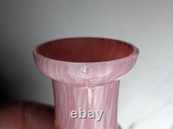 Pair Antique 19thC Victorian Pink Cased Spatter Glass Vases Enameled Dragonfly