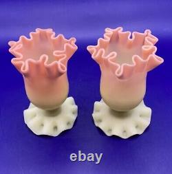 Pair Antique Thomas Webb Queens Burmese Pink and Cream Frilled Rim Glass Vases