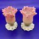 Pair Antique Thomas Webb Queens Burmese Pink and Cream Frilled Rim Glass Vases