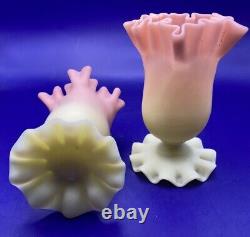 Pair Antique Thomas Webb Queens Burmese Pink and Cream Frilled Rim Glass Vases