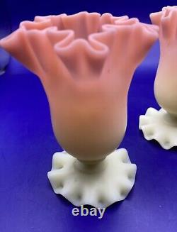 Pair Antique Thomas Webb Queens Burmese Pink and Cream Frilled Rim Glass Vases