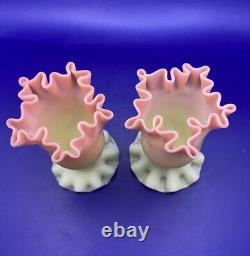 Pair Antique Thomas Webb Queens Burmese Pink and Cream Frilled Rim Glass Vases