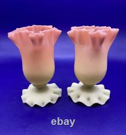Pair Antique Thomas Webb Queens Burmese Pink and Cream Frilled Rim Glass Vases