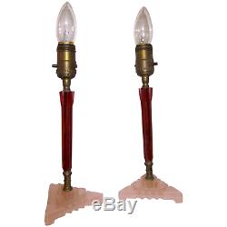 Pair Art Deco Fluted Rootbeer Bakelite & Pink Glass Candlestick Boudoir Lamps