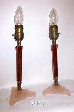 Pair Art Deco Fluted Rootbeer Bakelite & Pink Glass Candlestick Boudoir Lamps