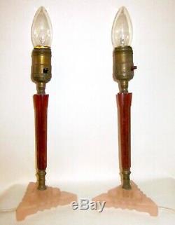 Pair Art Deco Fluted Rootbeer Bakelite & Pink Glass Candlestick Boudoir Lamps