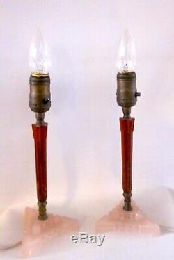 Pair Art Deco Fluted Rootbeer Bakelite & Pink Glass Candlestick Boudoir Lamps