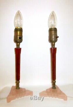 Pair Art Deco Fluted Rootbeer Bakelite & Pink Glass Candlestick Boudoir Lamps