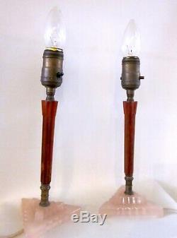 Pair Art Deco Fluted Rootbeer Bakelite & Pink Glass Candlestick Boudoir Lamps