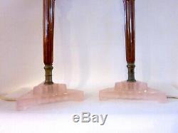 Pair Art Deco Fluted Rootbeer Bakelite & Pink Glass Candlestick Boudoir Lamps