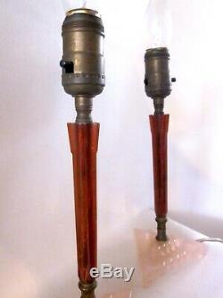 Pair Art Deco Fluted Rootbeer Bakelite & Pink Glass Candlestick Boudoir Lamps