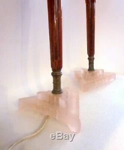 Pair Art Deco Fluted Rootbeer Bakelite & Pink Glass Candlestick Boudoir Lamps