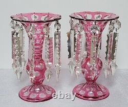 Pair Cranberry Cut to Clear 8 1/2 Tall Lusters Glass Bohemian