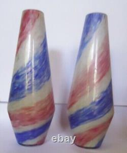 Pair Fratelli Toso Murano MCM Spiral Gold/Color Ribbon Vases 13h Superb