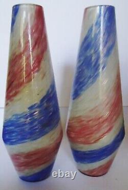Pair Fratelli Toso Murano MCM Spiral Gold/Color Ribbon Vases 13h Superb