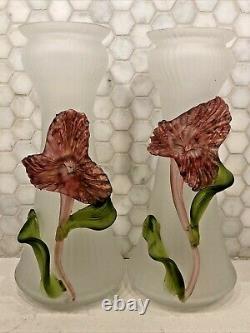 Pair Gorgeous Czechoslovakia Kralik Art Glass Vases Applied Flowers