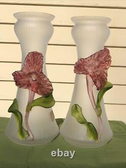 Pair Gorgeous Czechoslovakia Kralik Art Glass Vases Applied Flowers